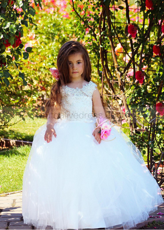 Beaded Ivory Lace Tulle Corset Back Flower Girl Dress Beaded Ivory Lace Tulle Corset Back Flower Girl Dress